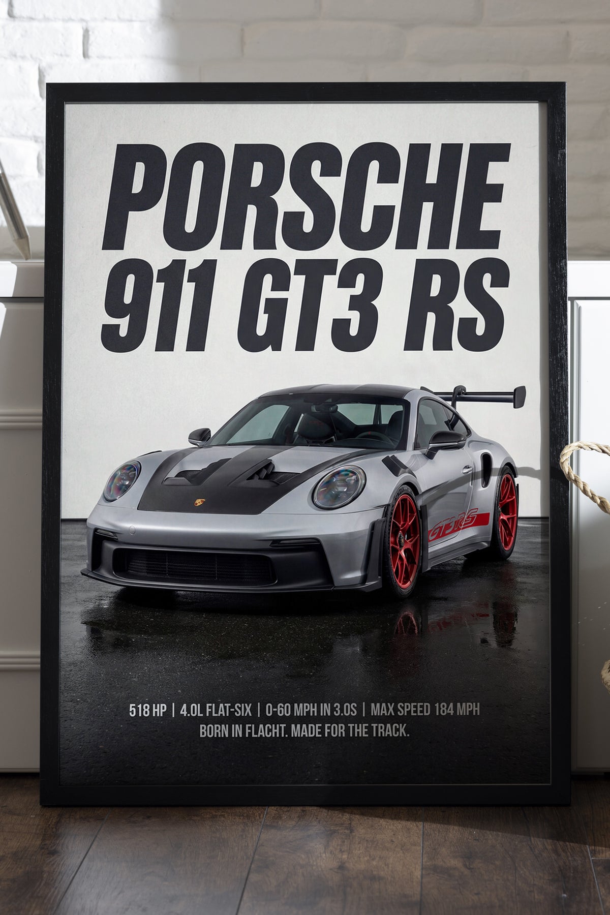 Porsche 911 GT3 RS gümüş kırmızı araba posteri
